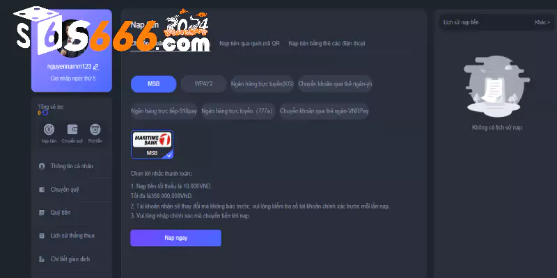 Nạp tiền để chơi nổ hũ thần tài S666